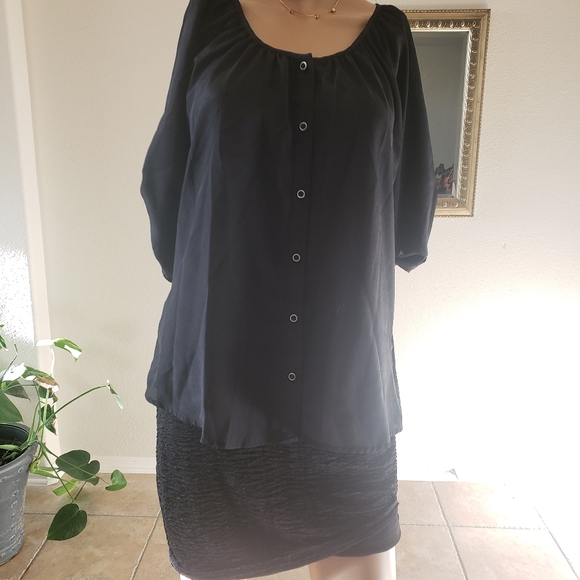 Express m flowy button down pop over roll tab 3/4 sleeve airy - Picture 6 of 10